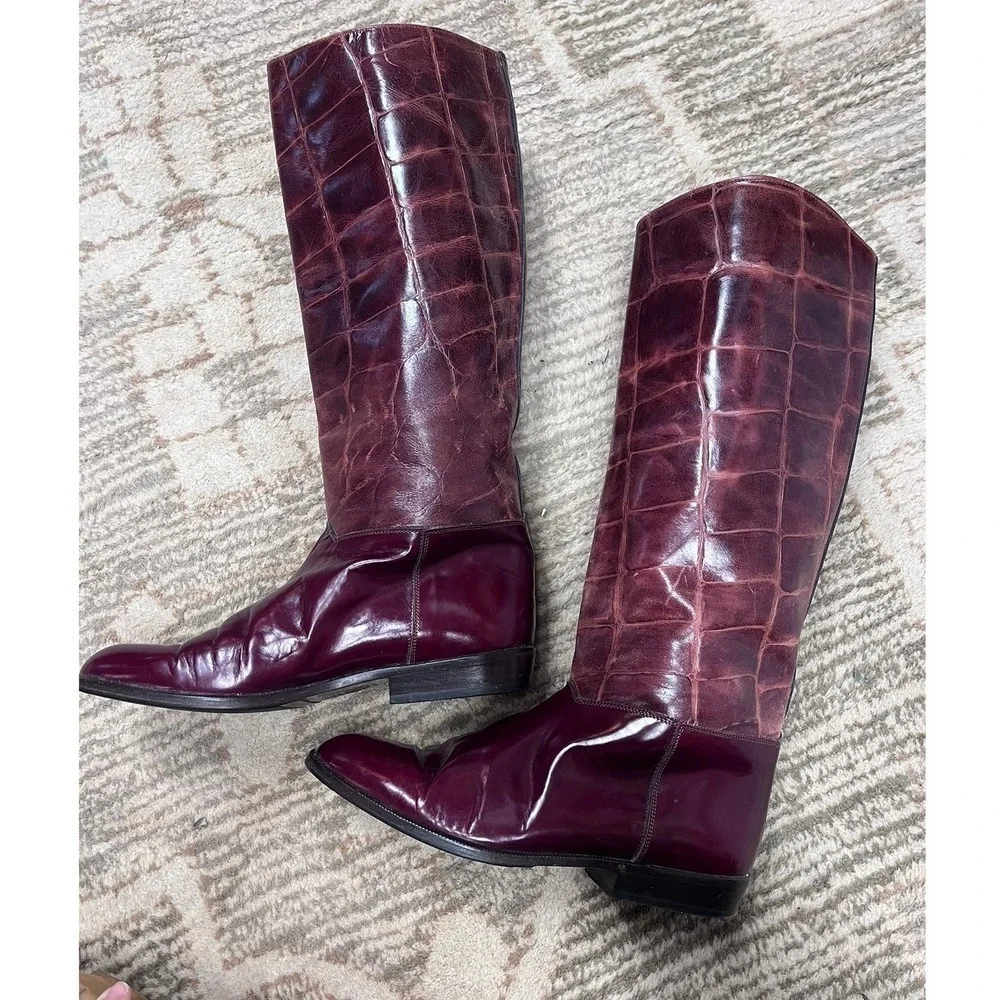 Sandra Gibellini Vintage Women's Burgundy 100% Leather Croc Knee High Boots EU37